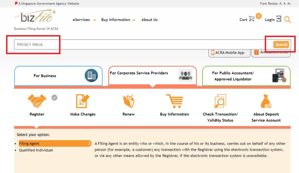 Register Data Protection Officer Search in ACRA Bizfile+