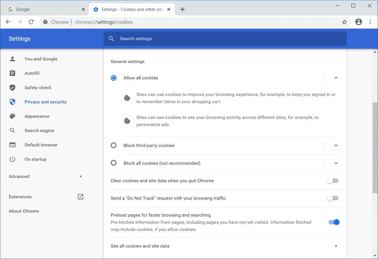 google chrome cookies settings