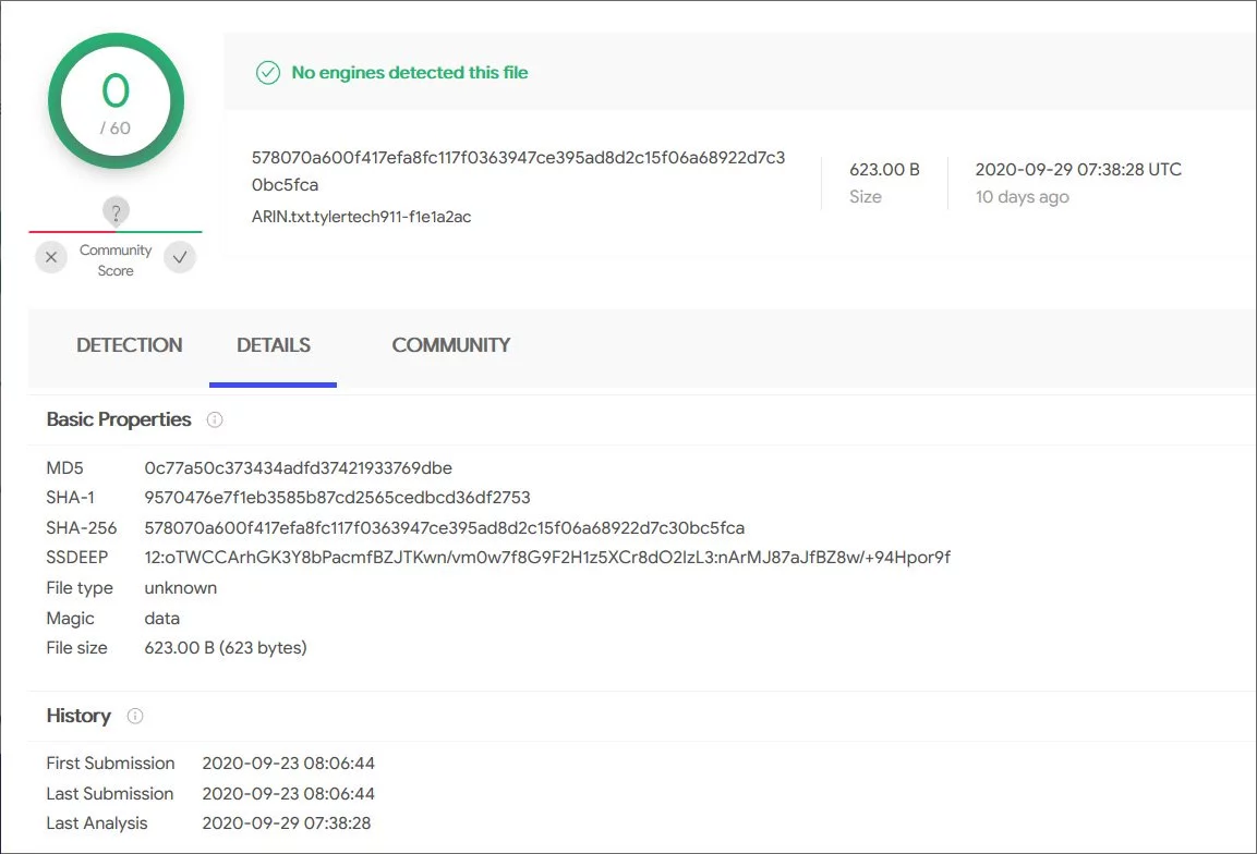 Encrypted Tyler Technologies file on VirusTotal