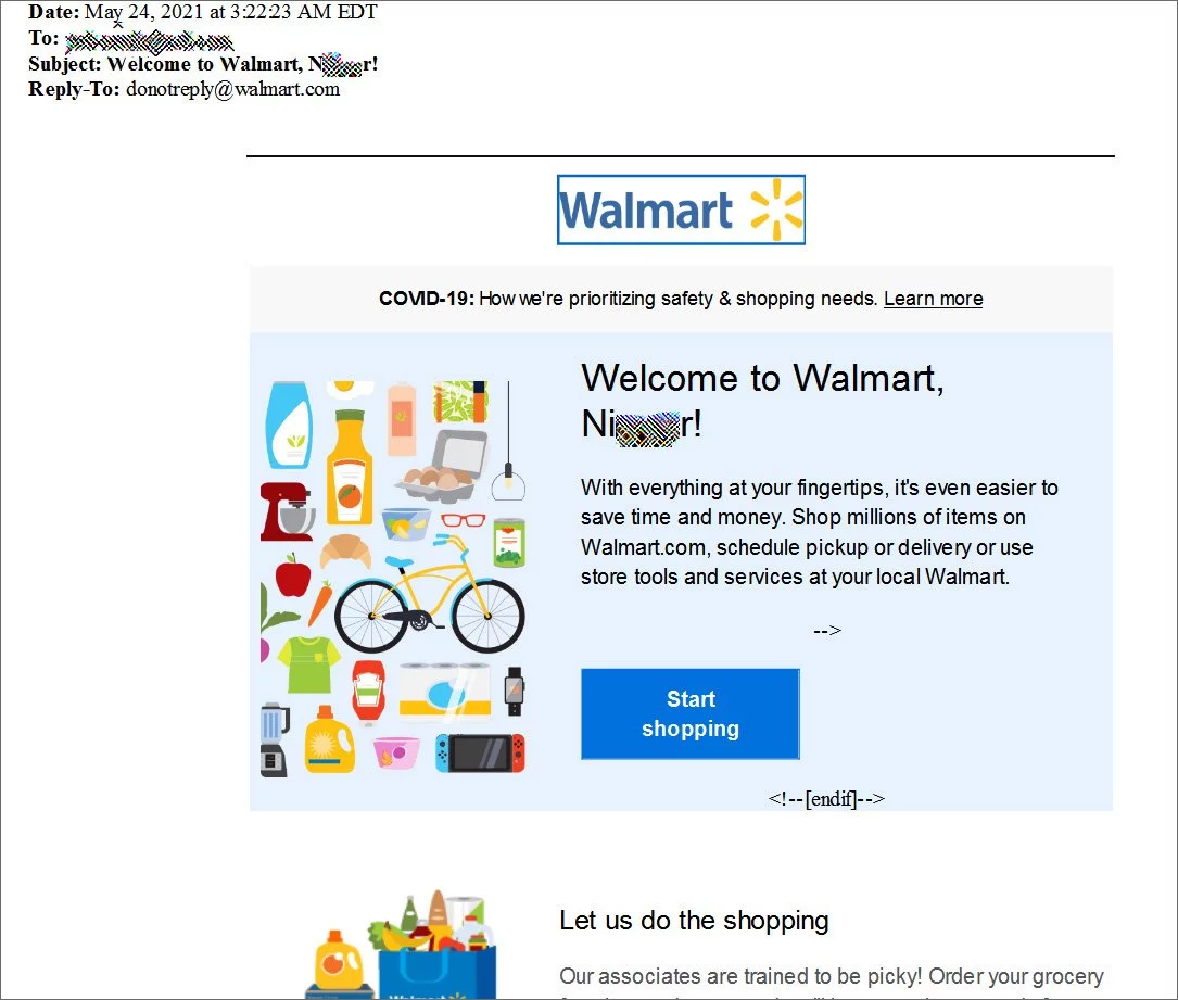 Walmart registration email containing a racist name