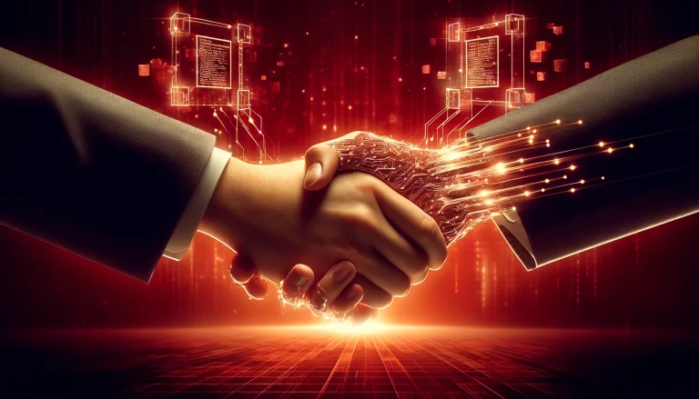 DALL·E-2024-04-30-09.45.00-A-hyper-realistic-image-of-two-hands-shaking-firmly-with-lines-of-code-flowing-from-one-hand-to-another-symbolizing-the-transfer-of-terms-in-a-smart-.webp